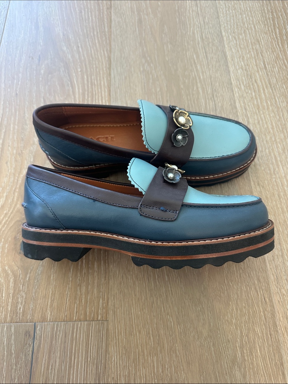Coach Two-Tone Light Blue and Dark Blue Leather Flower-Trim Loafers - Picture 2 of 7